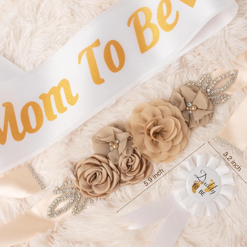 WeddingSteps Baby Shower Maternity Sash Belly Belt-Pink Flower Sash Set Mom to Be & Dad to Be Corsage Pins for Gender Reveal - Image 3